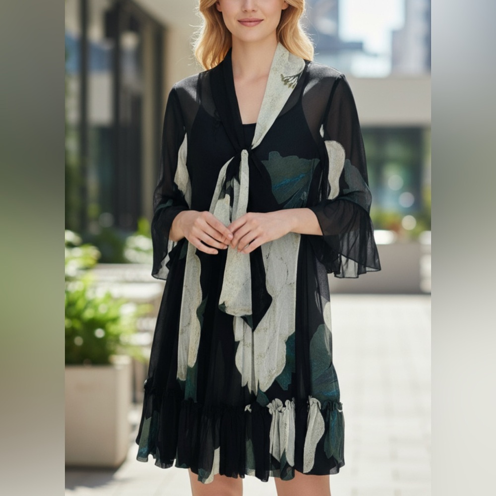 Diane Von Furstenberg Womens Ruffled Silk Flower‎ Print Dress Tie Neck  Size 8